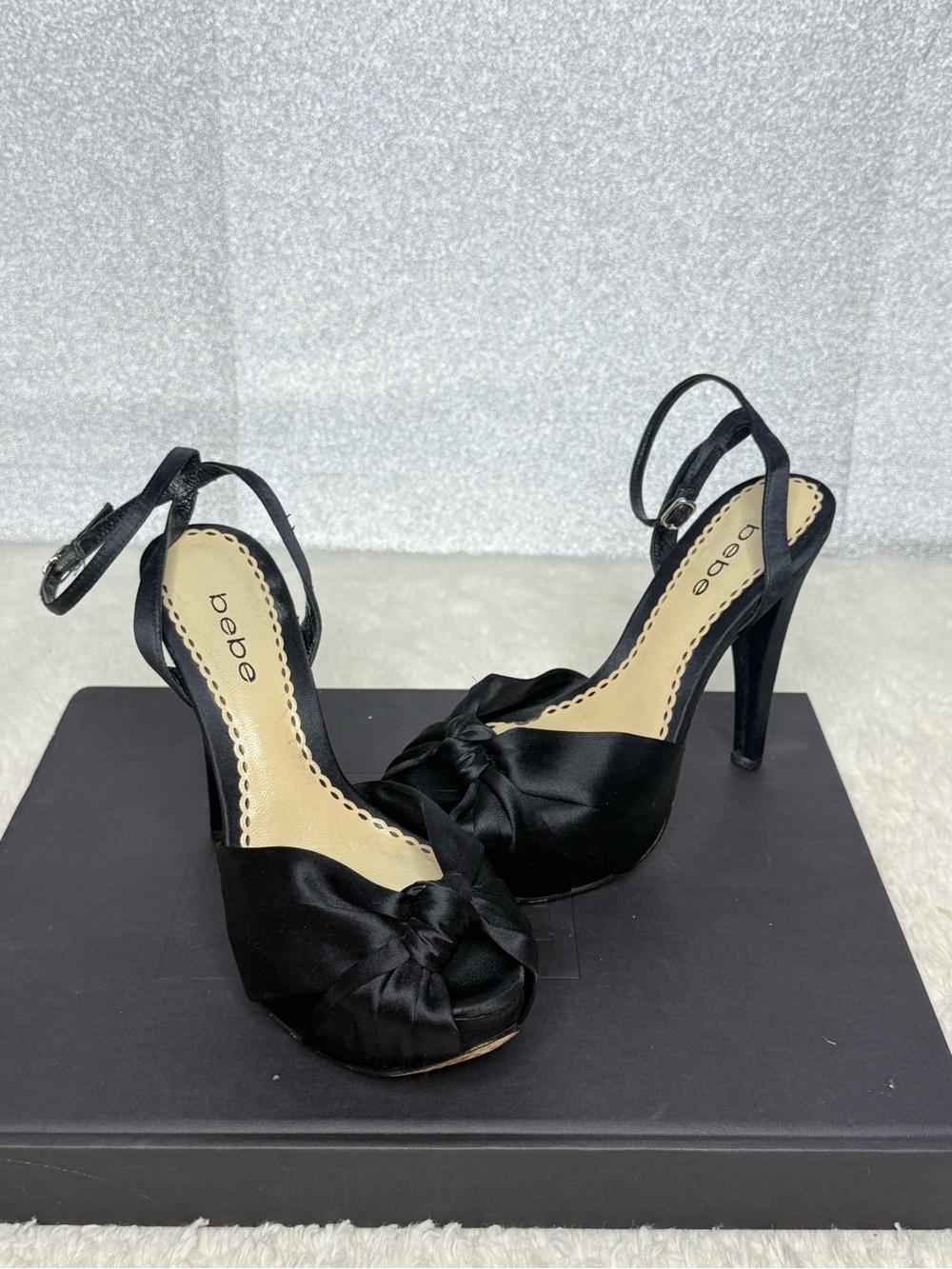 bebe Black Knotted Peep-Toe Ankle Strap Heels - Picture 10 of 11
